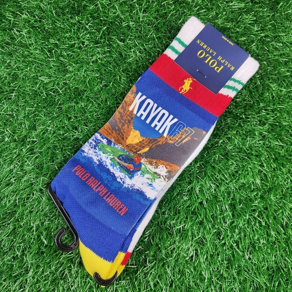 Polo Ralph Lauren Kayak 67 Crew Socks Vintage Logo Limited Edition L Red Blue - Picture 2 of 2
